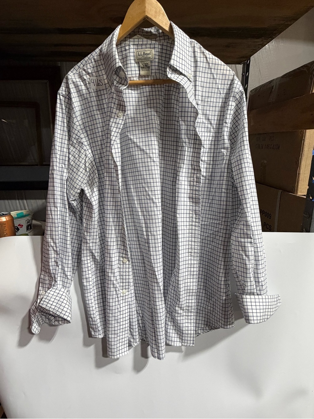 #4165-L.L. Bean Men's White Shirt with Navy Windowpane Check
